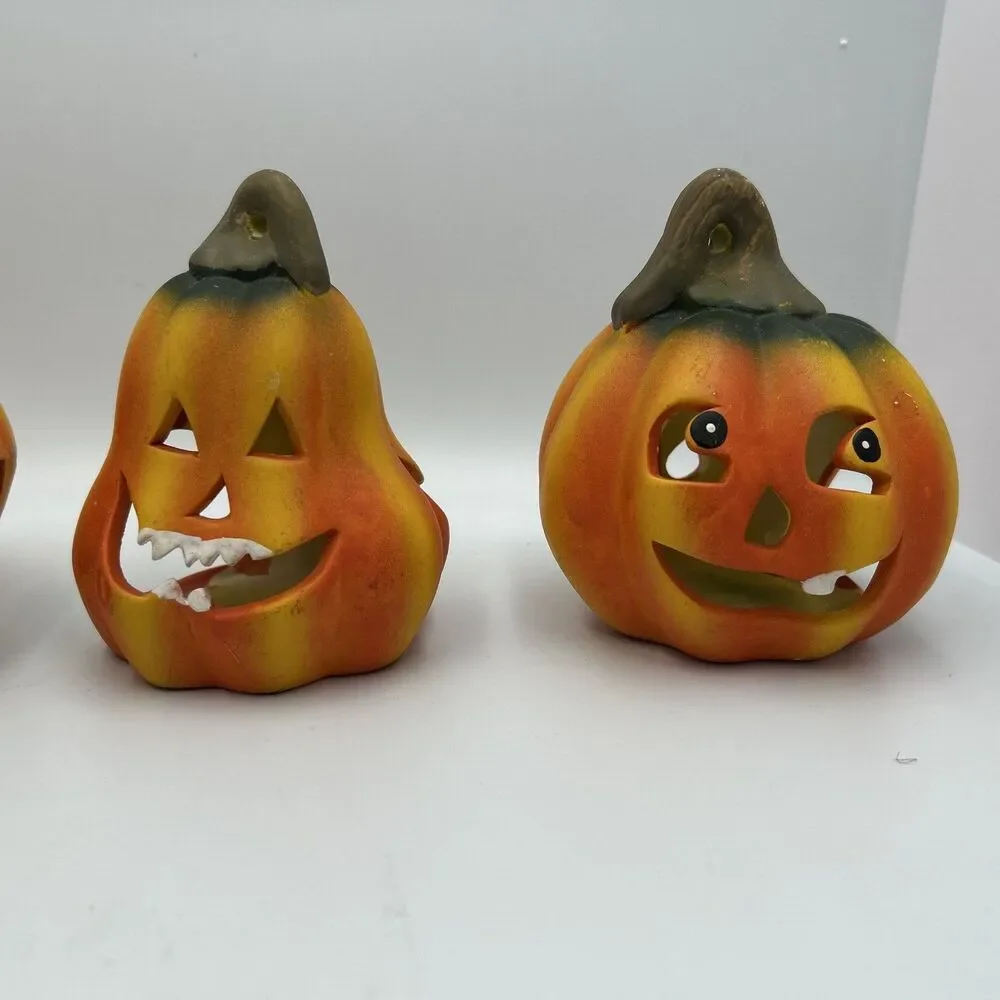 2000s Vintage Halloween Jack O Lantern Pumpkin Candle Holders Set of 4 Ceramic